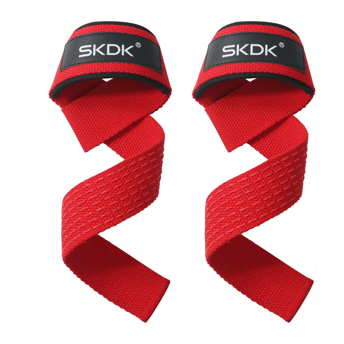 A pair of red gym weightlifting straps with black branding shown from the side.