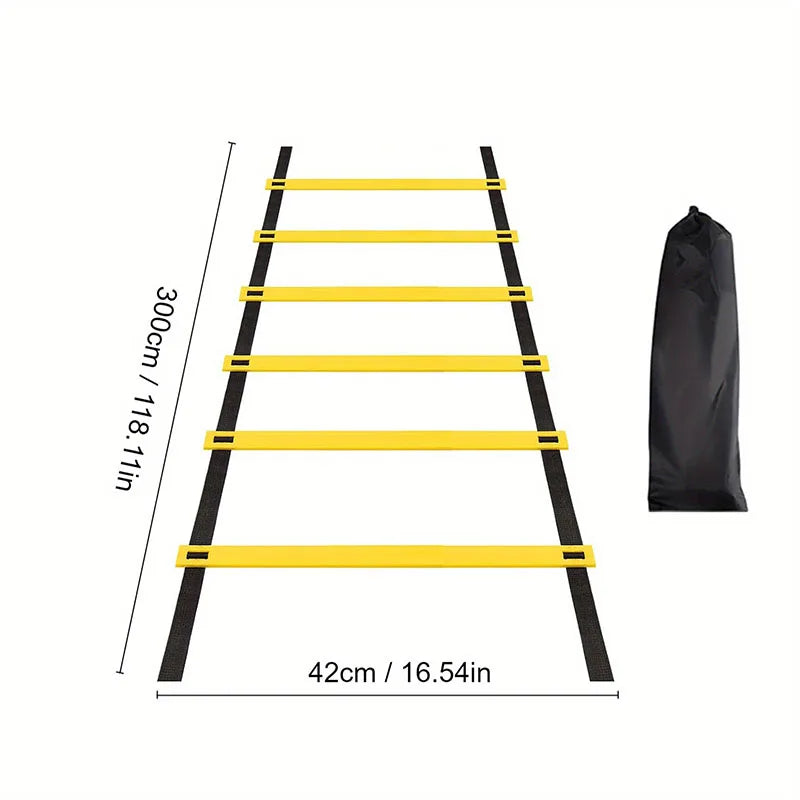 Black agility ladder with yellow rungs shown against a white background.