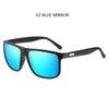 A pair of black sunglasses with bright blue mirrored lenses and a black frame.