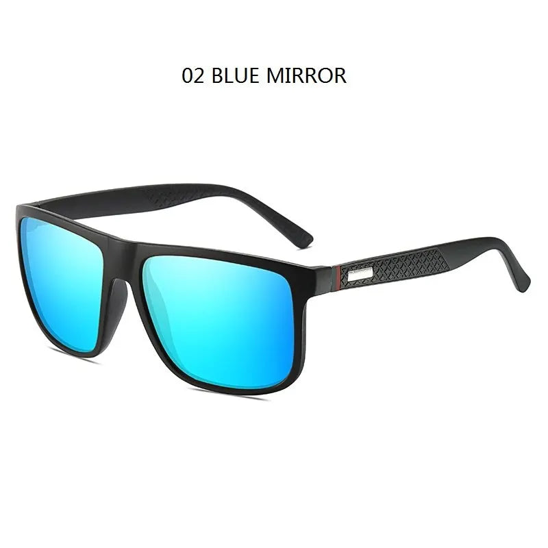 A pair of black sunglasses with bright blue mirrored lenses and a black frame.
