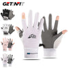 A variety of white and gray summer ice silk sun protection gloves are displayed, showing different styles and sizes.