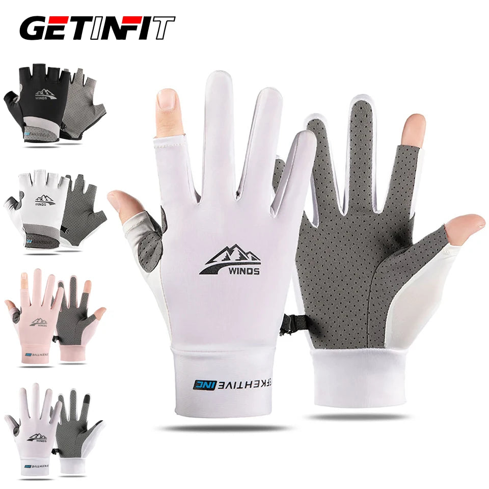 A variety of white and gray summer ice silk sun protection gloves are displayed, showing different styles and sizes.