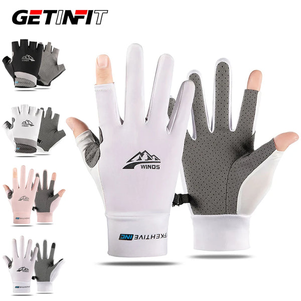 A variety of white and gray summer ice silk sun protection gloves are displayed, showing different styles and sizes.