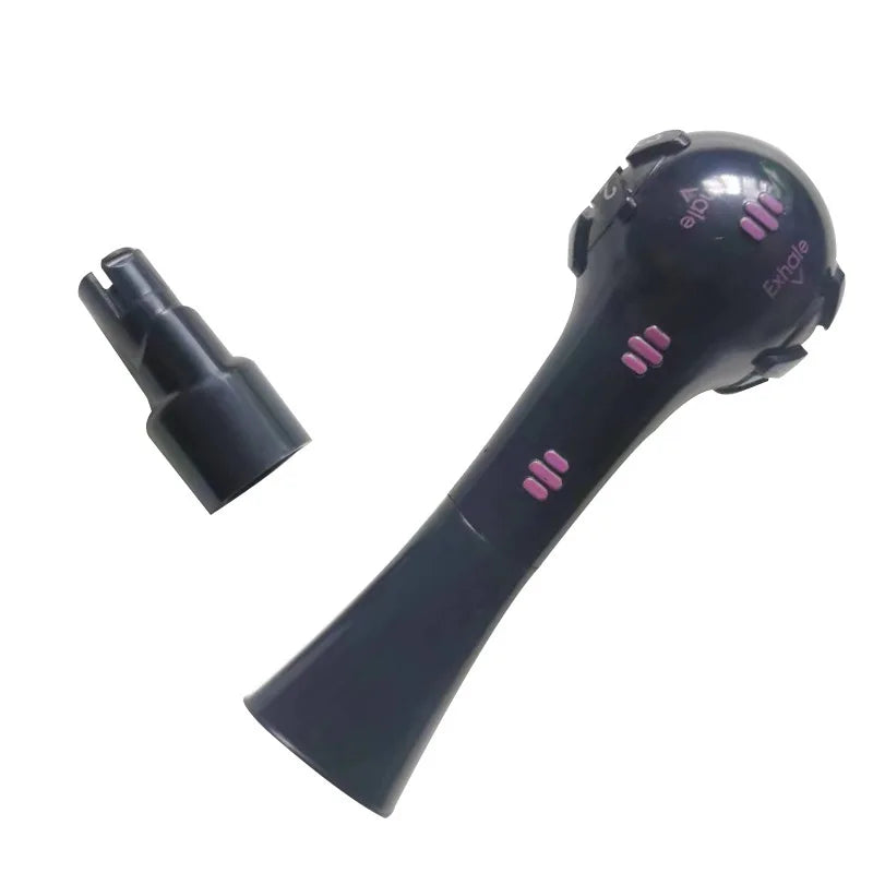 A dark gray handheld lung expansion trainer with pink markings and a black connector.