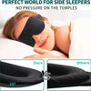 A close-up of a black light blocking sleep mask being worn by a person, comparing it to other masks.