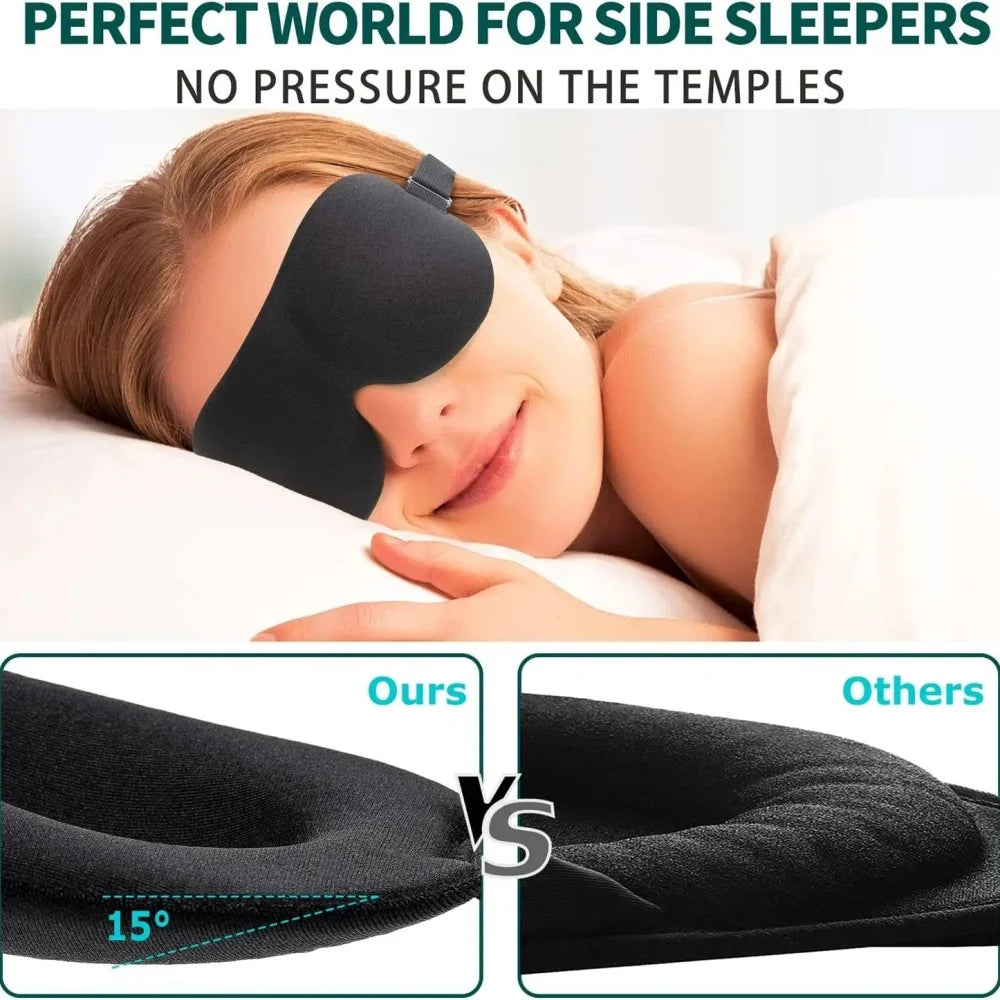 A close-up of a black light blocking sleep mask being worn by a person, comparing it to other masks.