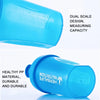 A bright blue leakproof protein shaker bottle with a dual scale design and healthy pp material.