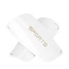 A white pair of durable soccer shin guards is shown from the side.