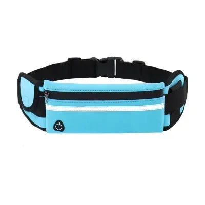 Black and light blue adjustable sport waist bag for phones and essentials