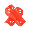 Orange adjustable EVA soccer shin guards shown from the side.