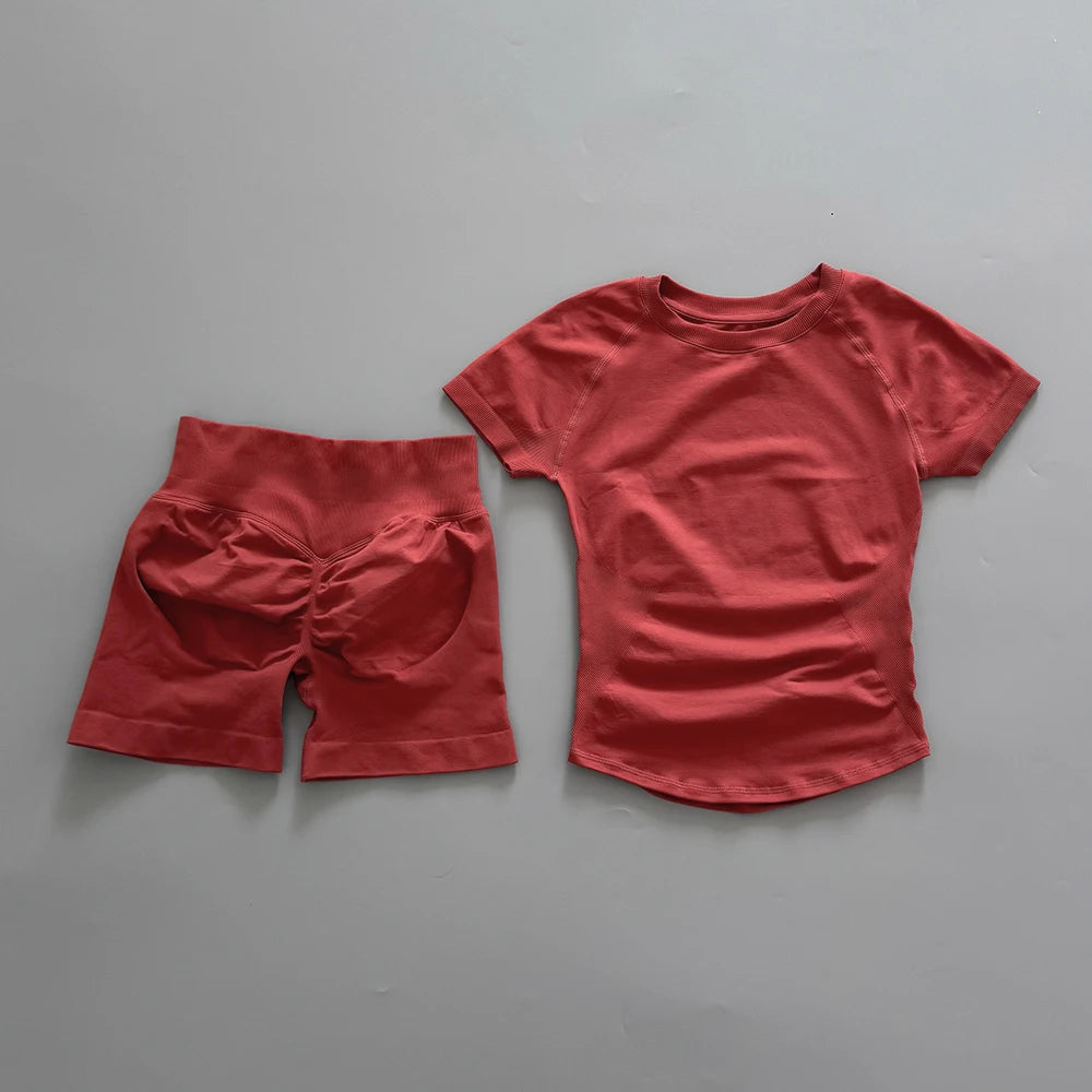 Ensemble de yoga et fitness couleur rouge terre cuite sans couture pour femmes, composé d'un haut à manches courtes et d'un s
