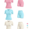 Six counts of women's performance workout sets in pink, blue, and beige tops and bottoms.