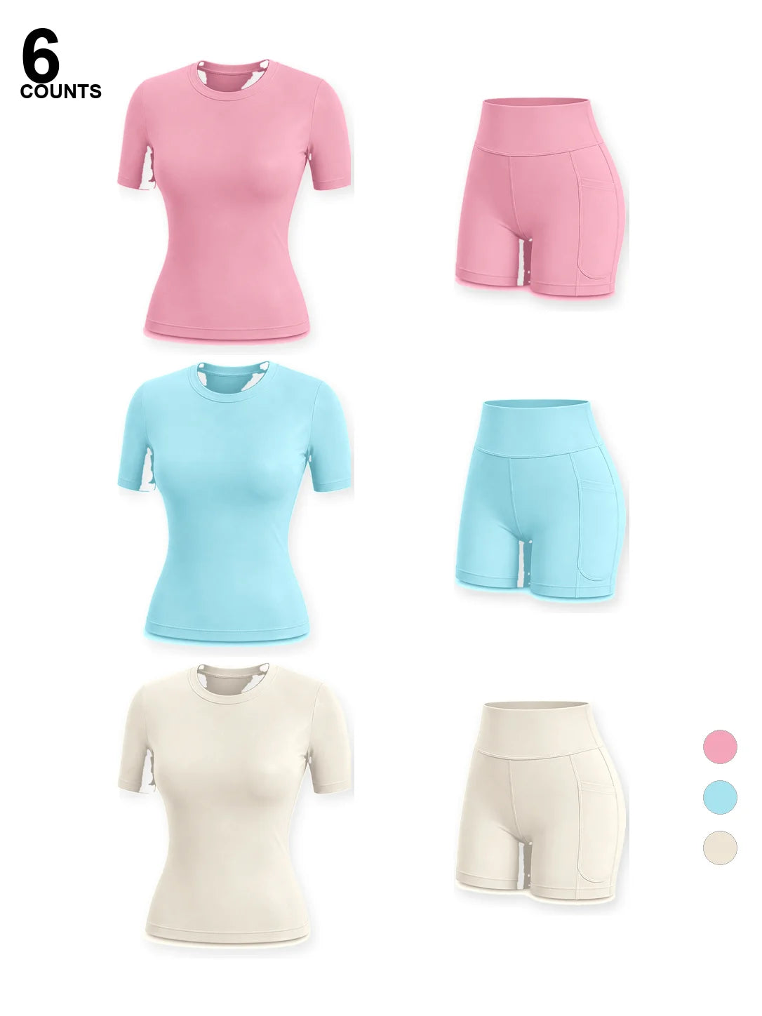 Six counts of women's performance workout sets in pink, blue, and beige tops and bottoms.