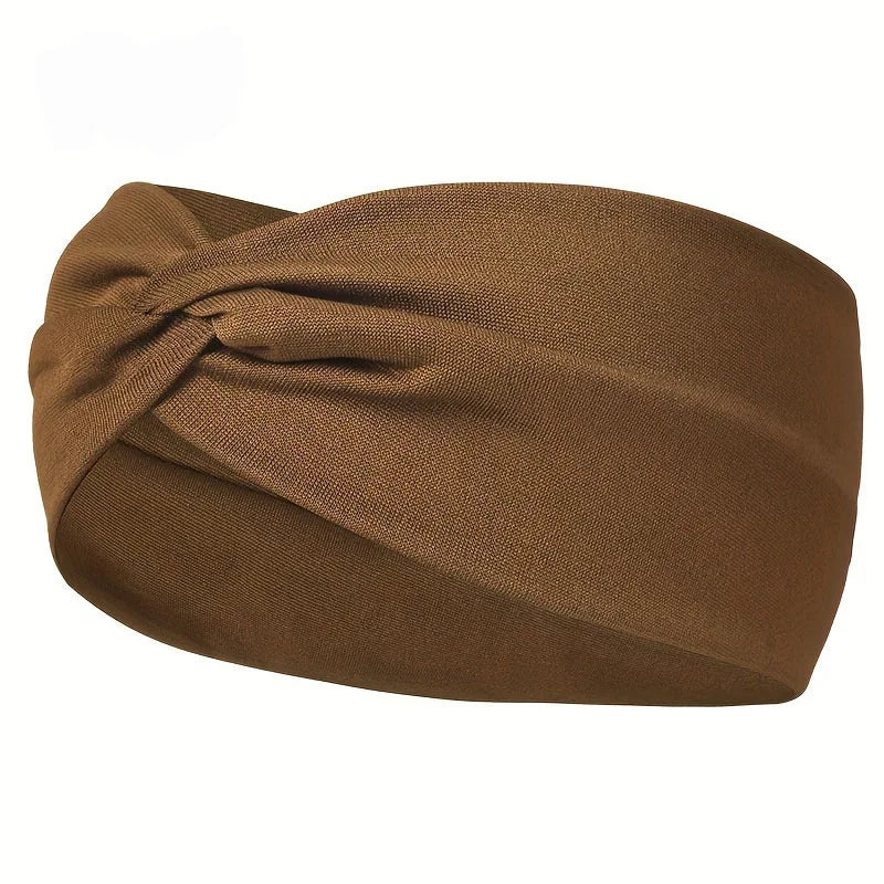 A brown knitted elastic sports headband is tightly knotted and shown from the side.