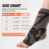 Size chart for copper infused ankle compression brace showing measurements for sizes S through XL on a foot