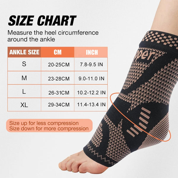 Tableau des tailles pour une cheville de compression infusée de cuivre, montrant les mesures pour les tailles S à XL sur un p