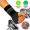 A black knit wrist compression brace is shown being worn on a hand, with related features highlighted.