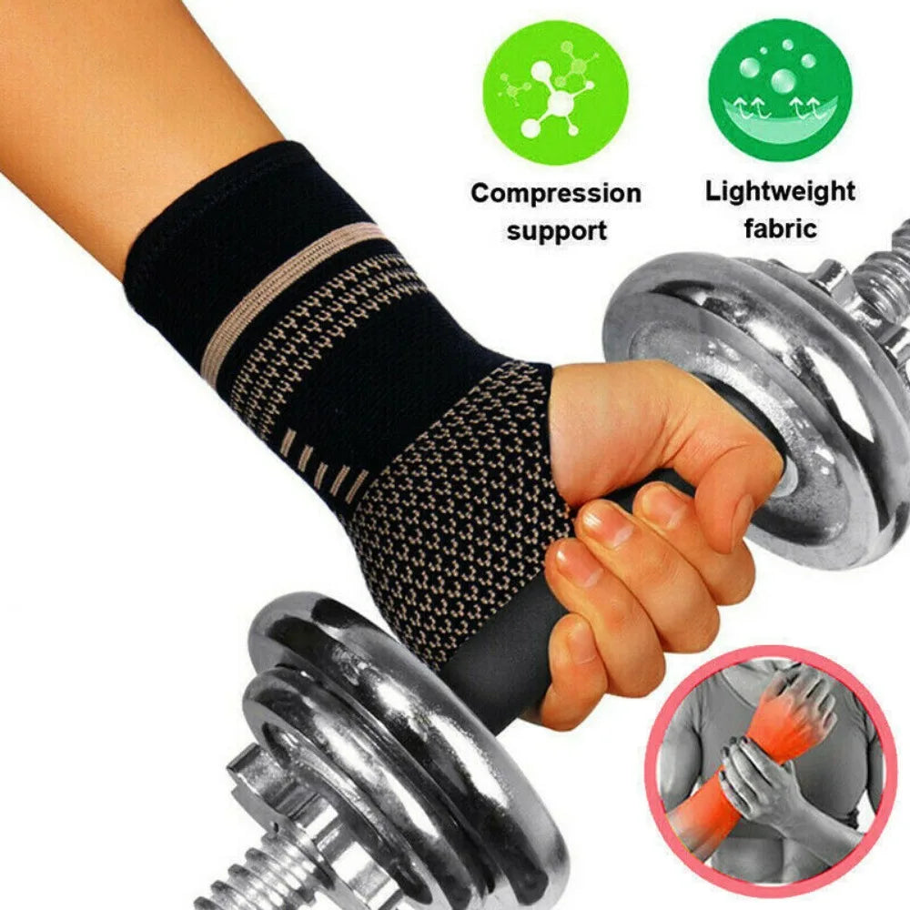 A black knit wrist compression brace is shown being worn on a hand, with related features highlighted.