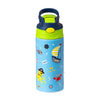 A light blue insulated stainless steel thermos cup with a green lid and a cartoon pattern featuring sea creatures and boats.
