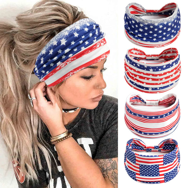 A woman wearing a patriotic American flag headband with red, white, and blue stripes and stars.