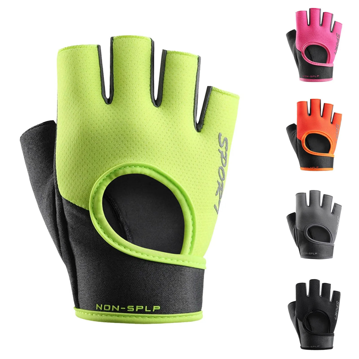 A pair of neon yellow and black sports gloves shown in various colors and angles.