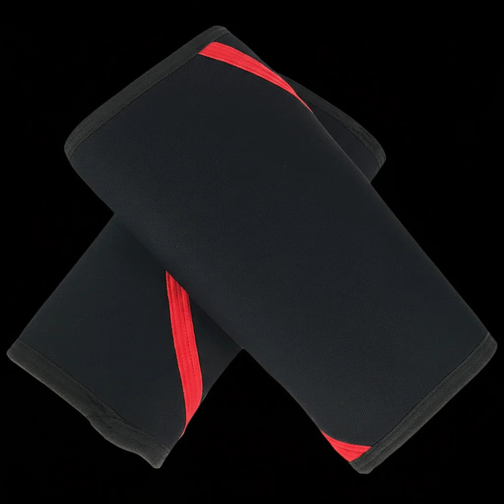 Une paire de genouillères de levage noires avec des accents rouges, montrées en diagonale sur un fond noir.