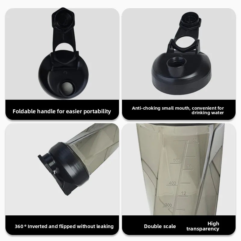 Various views of a black protein shaker bottle highlighting its foldable handle, anti-choking mouth, double scale, and high t
