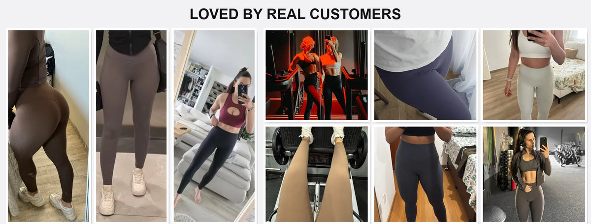 A collage of women wearing high-waist yoga leggings in various colors and poses for fitness.