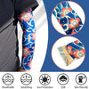 Full arm tattoo sleeves in blue and pink floral patterns shown on a person's leg.
