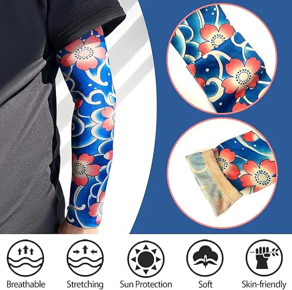 Full arm tattoo sleeves in blue and pink floral patterns shown on a person's leg.