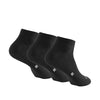 A set of three black performance ankle socks for running and athletic activities.
