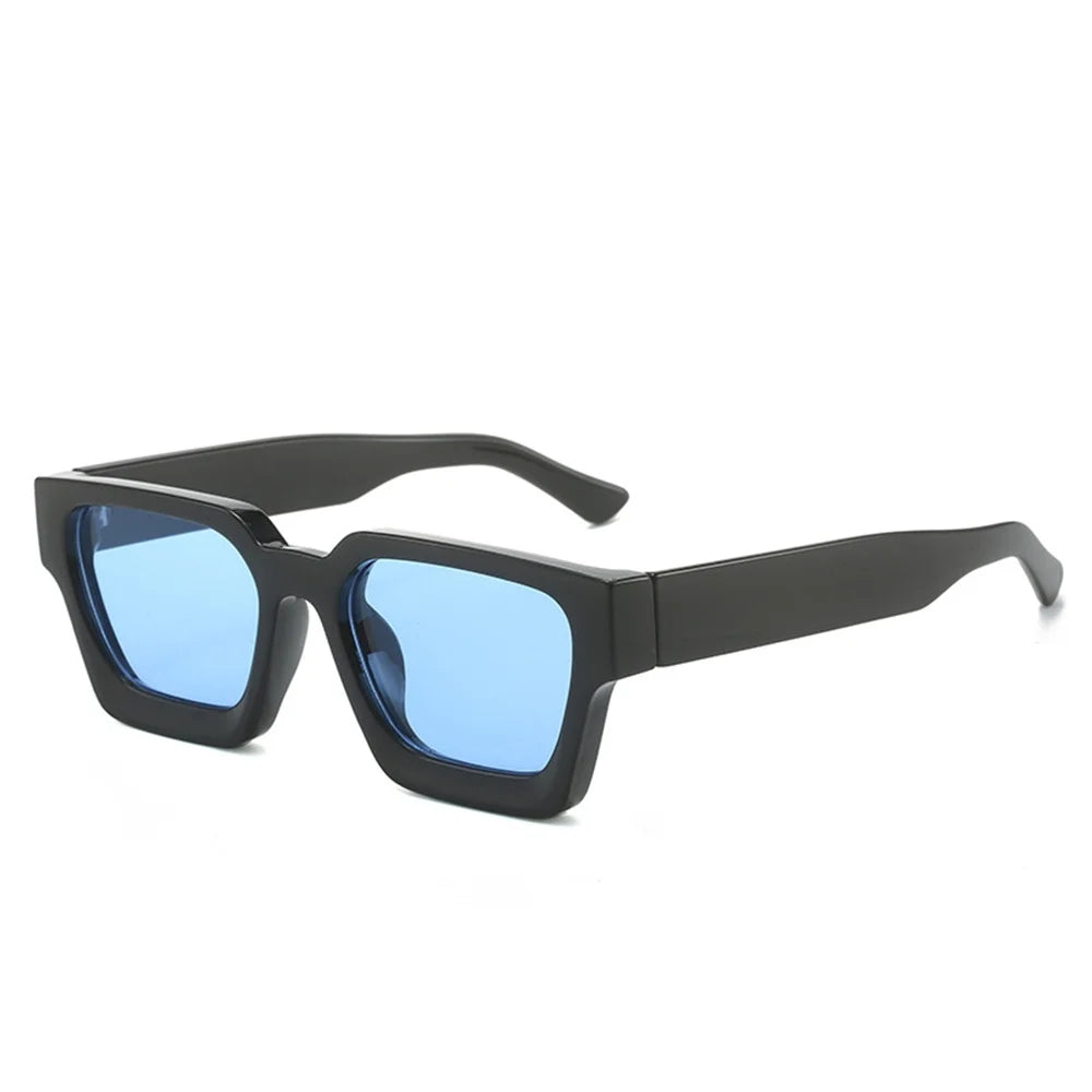 Black retro square frame sunglasses with blue lenses and UV400 protection