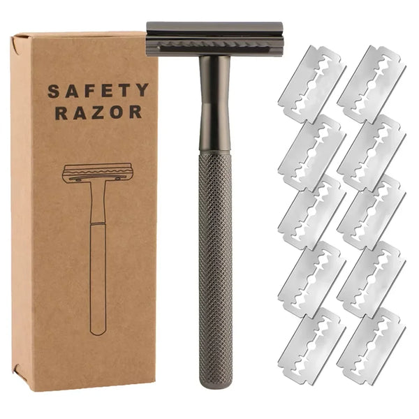 A safety razor set showing a wooden box, a metal handle, and ten silver double-edged blades.