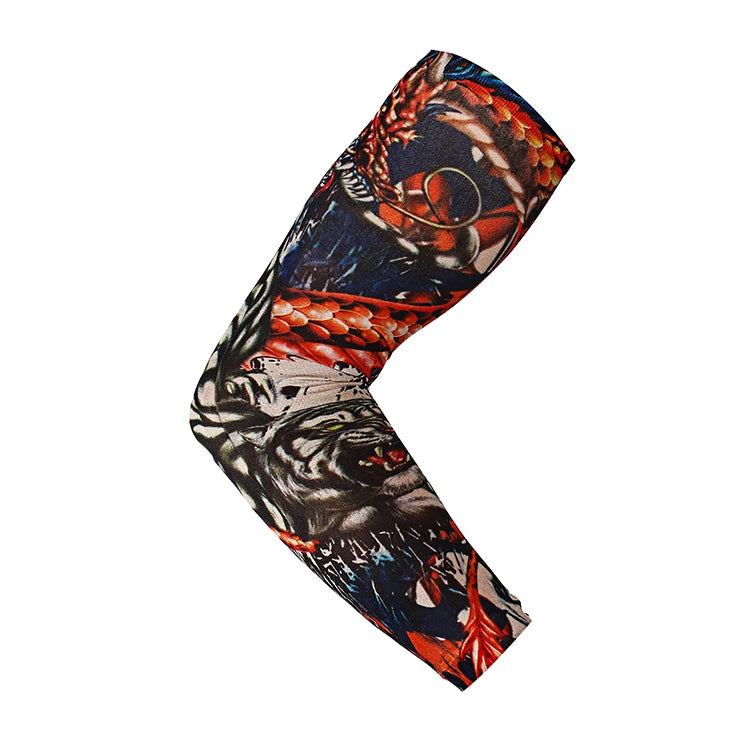 A close-up of a patterned sun protection breathable arm sleeve worn on an arm.
