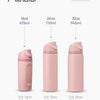 Pink insulated stainless steel tumbler shown in various sizes and dimensions.