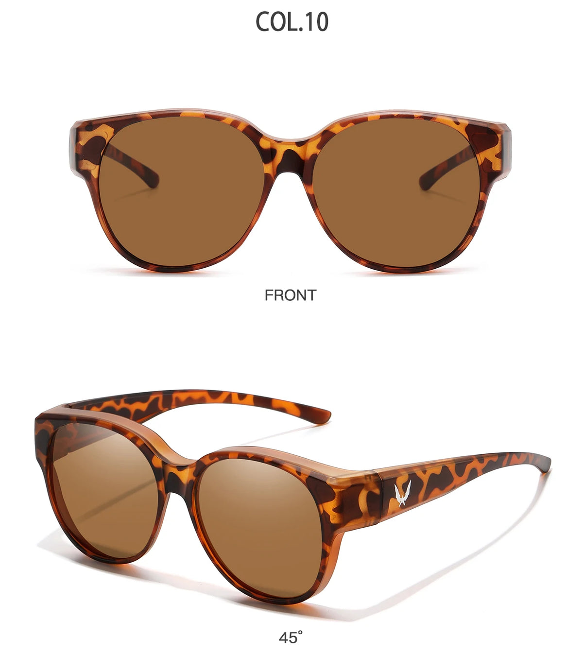 Front view of COL.10 round sunglasses with brown tortoiseshell frames and amber lenses.