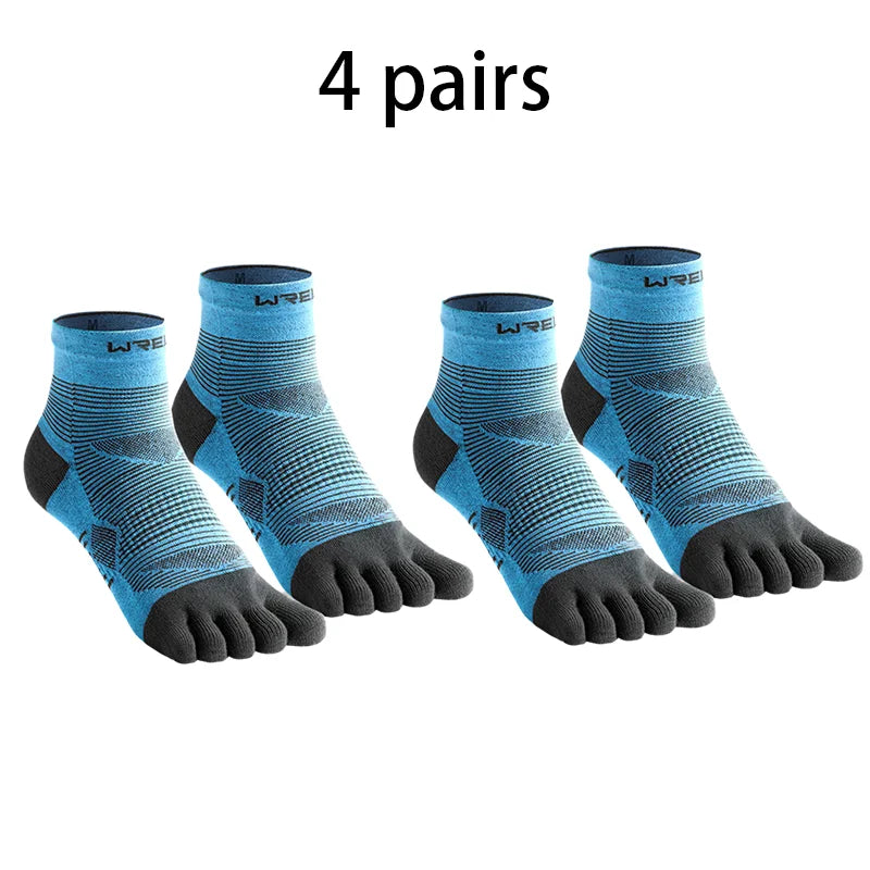 Four pairs of blue and black five-finger compression socks displayed on a white background.