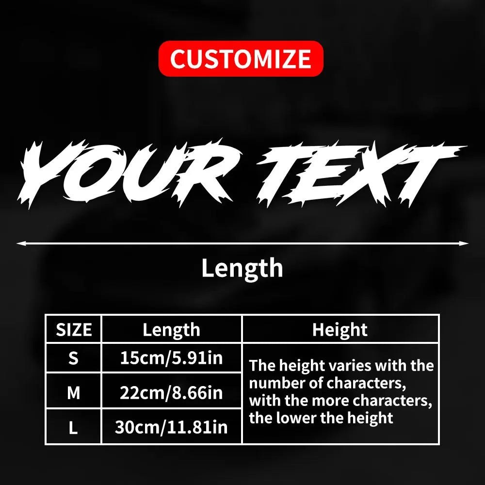 Graphique montrant les options de taille pour les autocollants de texte personnalisés, incluant petites, moyennes et grandes 