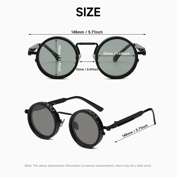 A pair of black retro punk polarized sunglasses shown with size measurements.