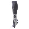 A close-up view of a gray compression sock with a white toe and heel, designed for veins and pregnancy support.