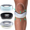 Three versions of an adjustable patellar tendon support strap are shown, including a version applied to a knee area.