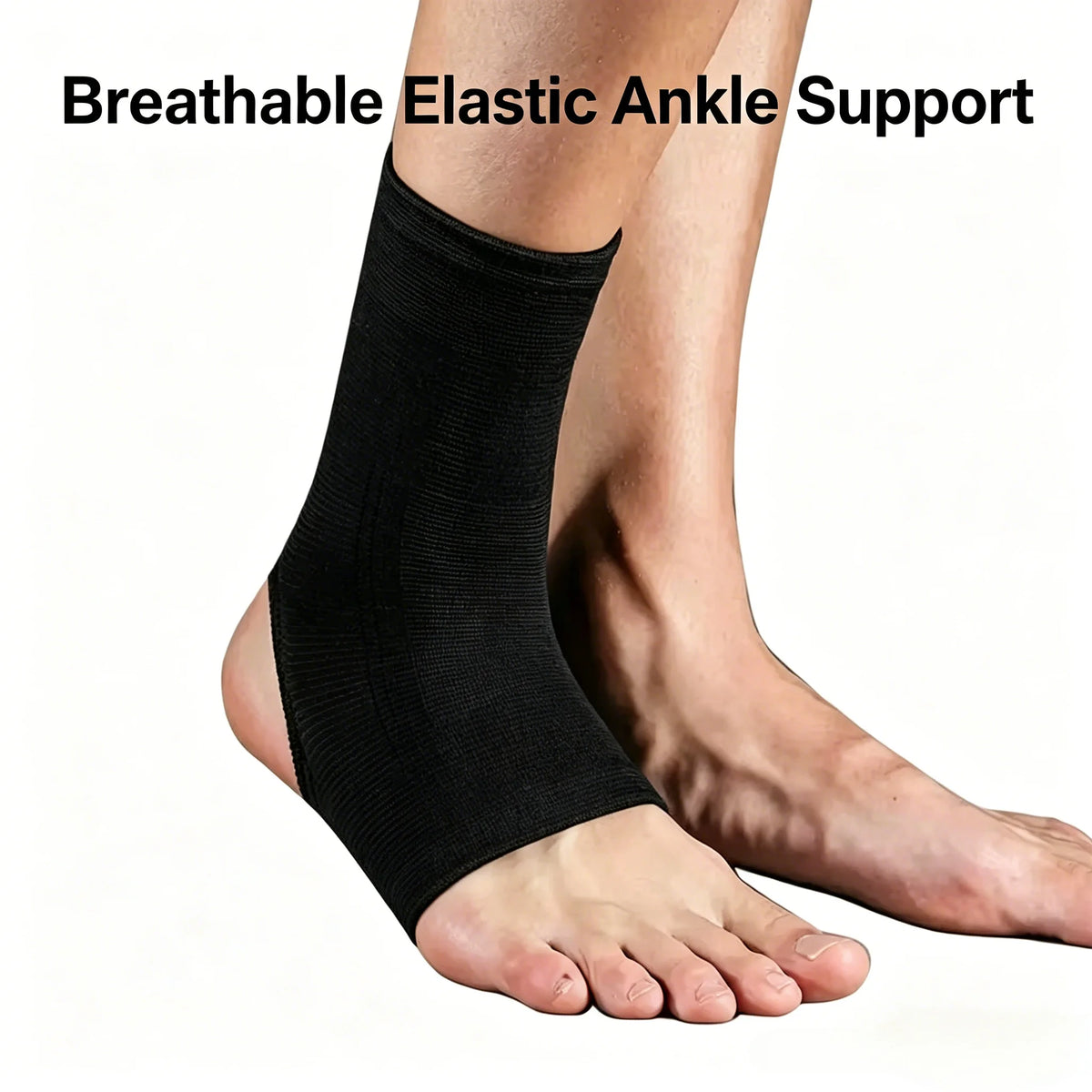 Black breathable elastic ankle support brace worn on a foot.