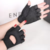 A hand wearing black anti-slip fingerless gym gloves with wrist support against a white background.