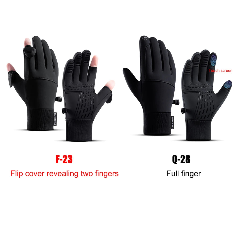 Black performance outdoor sports gloves models F-23 and Q-28 shown with full and flip cover designs