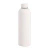 A white insulated stainless steel thermos cup with a black lid.