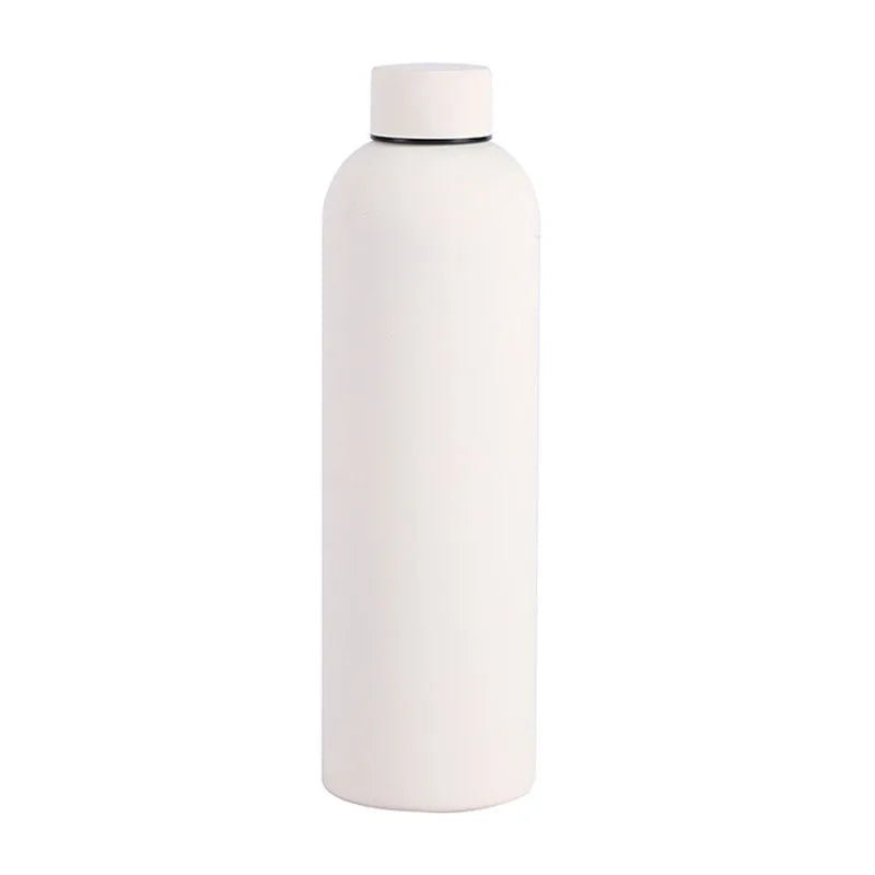 A white insulated stainless steel thermos cup with a black lid.