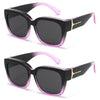 Black sunglasses with purple frames and gold accents shown in a product photo.