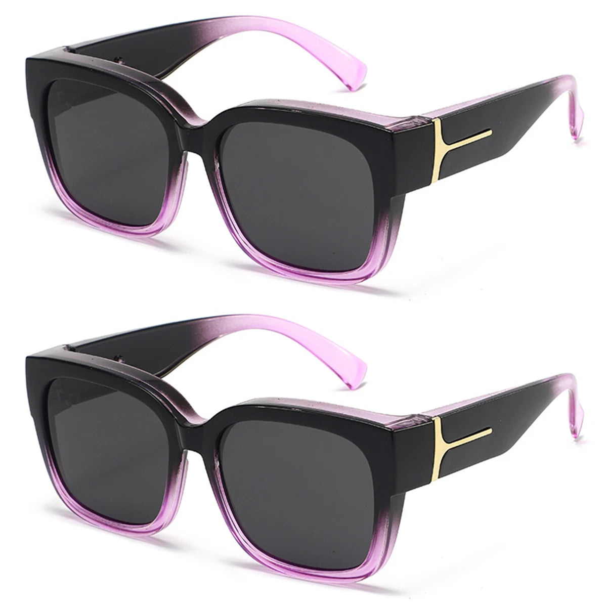 Black sunglasses with purple frames and gold accents shown in a product photo.