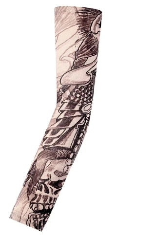 A black and grey illustration of a long seamless tattoo sleeve design on an arm.