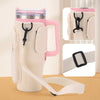 A beige adjustable water bottle carrier pouch with a pink handle and strap is shown next to a white water bottle.